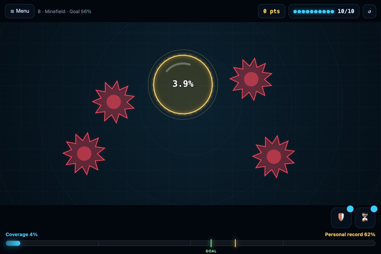 Level with four red spike obstacles and a growing bubble in the middle