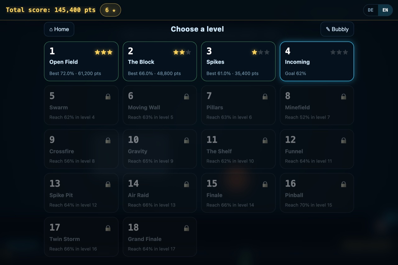 Level menu with unlocked levels showing stars and locked levels showing a padlock