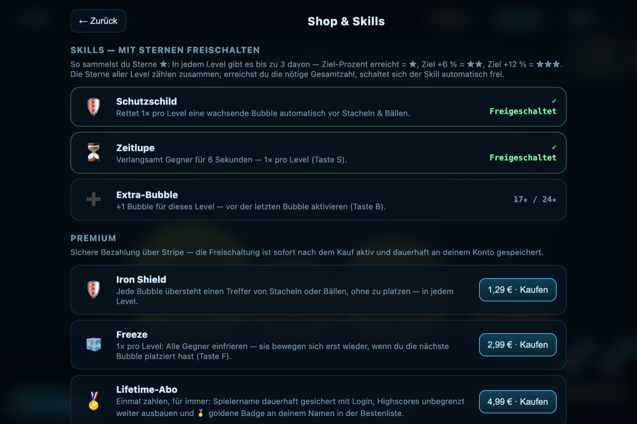 Shop-Ansicht mit Skills samt Freischalt-Status und Premium-Angeboten mit Preisen