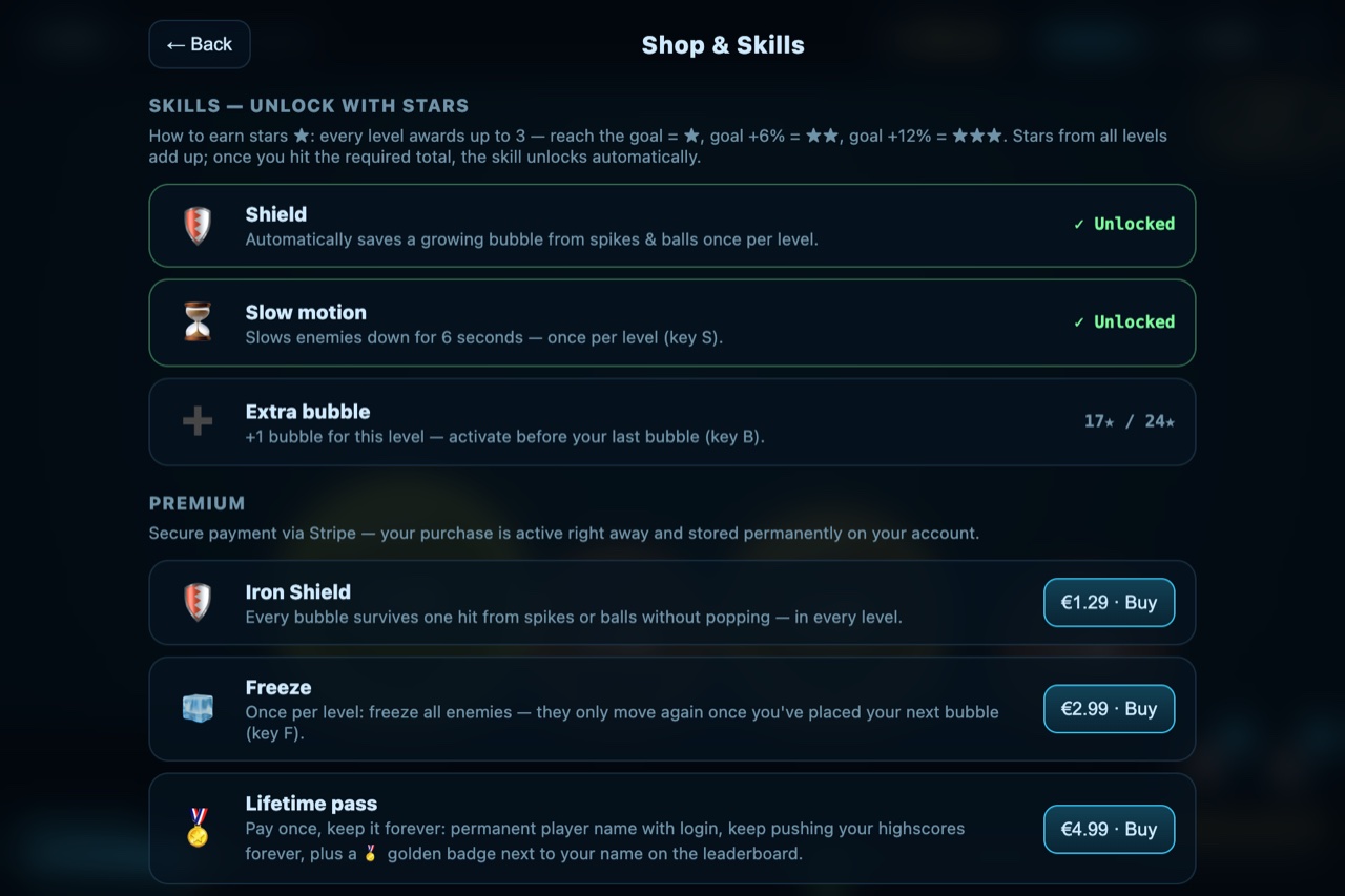 Shop view with skills including unlock progress and premium offers with prices