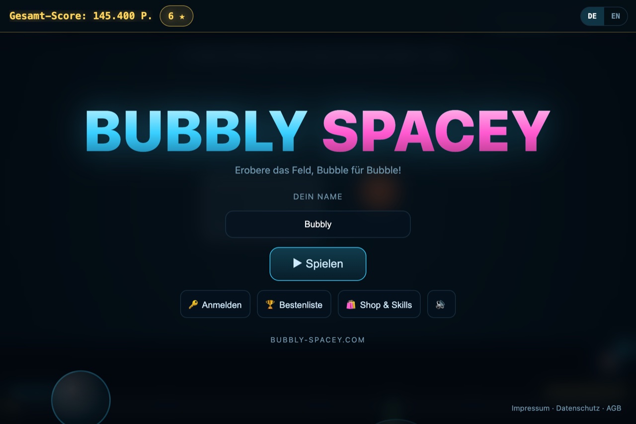 Titelbildschirm von Bubbly Spacey mit Namensfeld, Spielen-Knopf sowie Anmelden, Bestenliste und Shop
