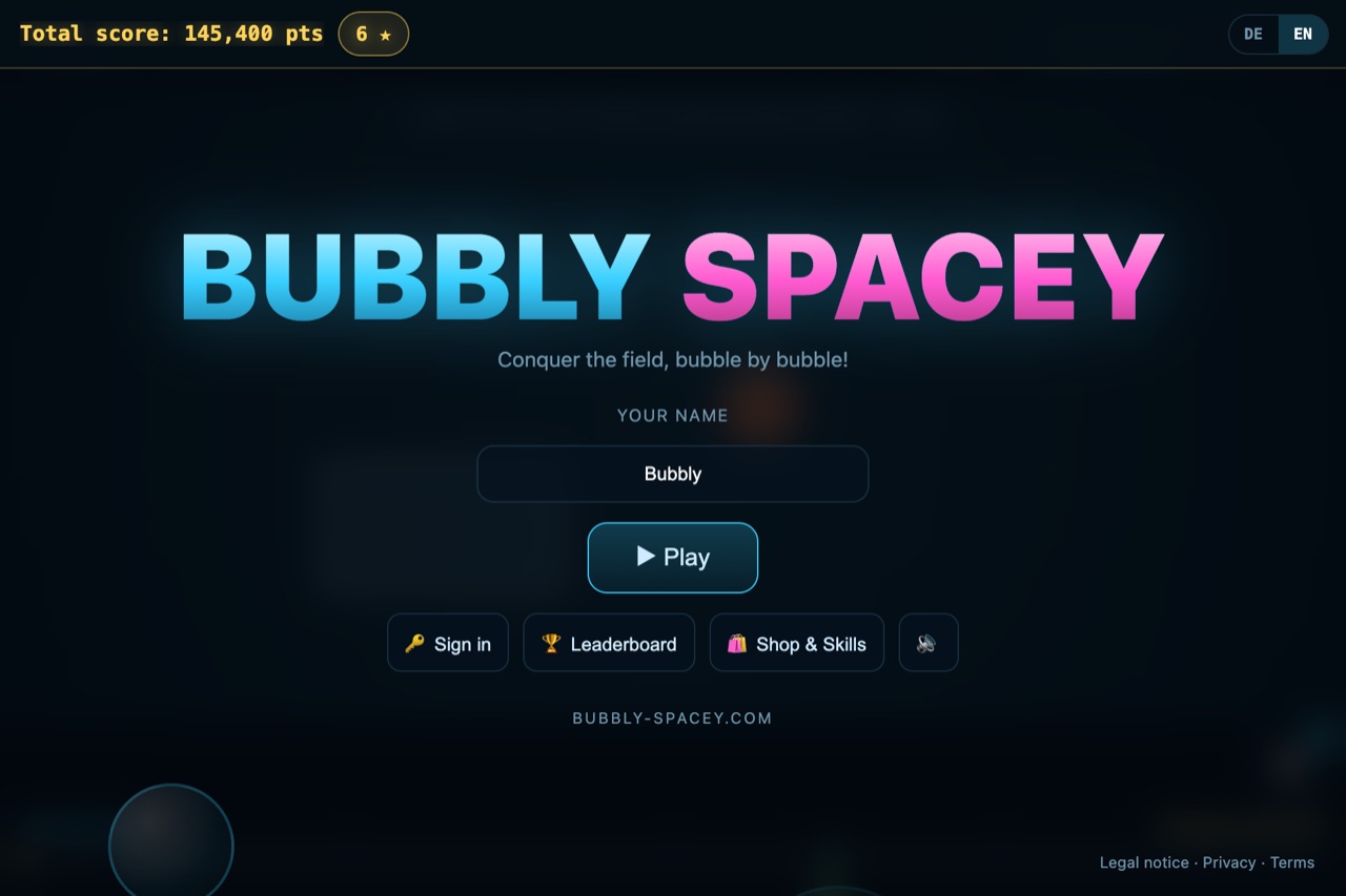 Bubbly Spacey title screen with name field, play button, sign-in, leaderboard and shop
